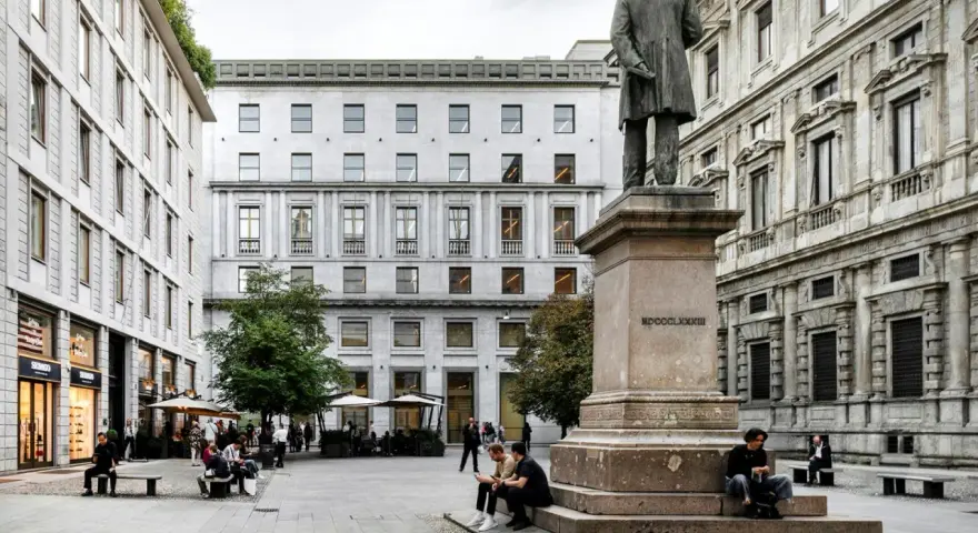 Piazza con statua e architettura elegante, dove si trova la bottega Veneta sede.