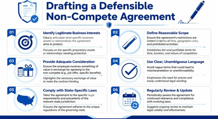 Infographic on drafting a defensible non-compete agreement, detailing 6 key steps: identify interests, define scope, provide consideration, use clear language, comply with laws, and review/update.