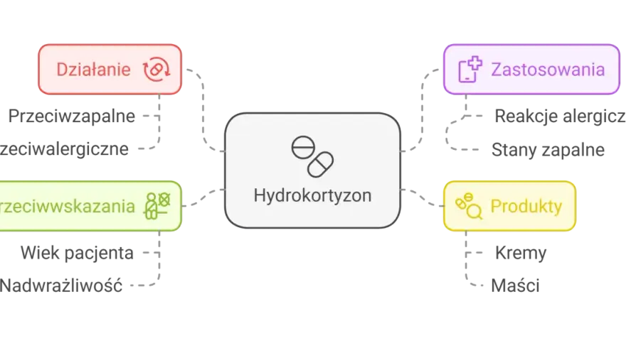 Schemat przedstawia hydrokortyzon: działanie (przeciwzapalne, przeciwalergiczne), zastosowania (reakcje alergiczne, stany zapalne), przeciwwskazania (wiek, nadwrażliwość) i produkty (kremy, maści). Oxycort maść to jeden z produktów.