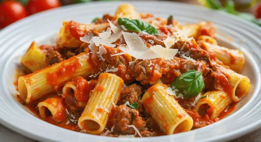 Macarrones con carne picada, cubiertos con salsa de tomate y queso rallado, adornados con hojas de albahaca fresca. ¡Un plato delicioso!