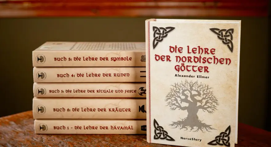 Bücherstapel mit Titeln über nordische Götter, Runen und Symbole. Ein Buch mit dem Titel "Die Lehre der nordischen Götter" steht vorne.