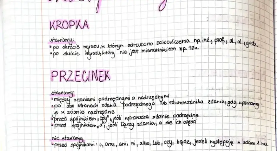 Notatki o interpunkcji: kropka po skrótach, przecinek robi różnicę między zdaniami i po niektórych spójnikach.