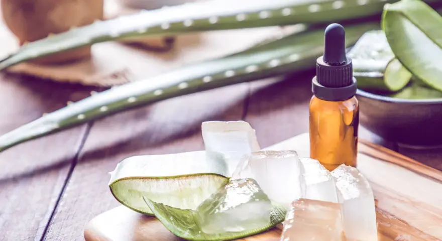 Aloe Vera Gel und Öl auf Holzbrett. Viele fragen sich, ob Aloe Vera gegen Pickel hilft. Hier sind die Zutaten für eine natürliche Hautpflege.