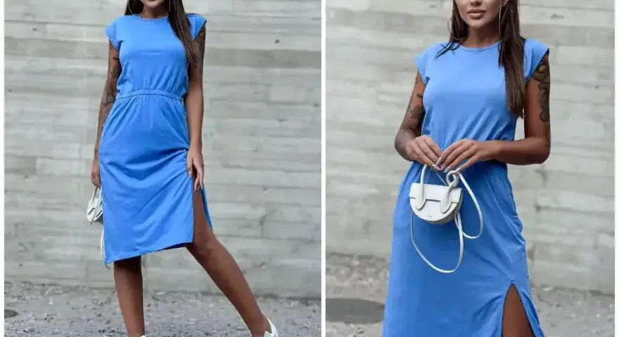 Kobieta w niebieskiej sukience z rozcięciem i białymi sneakersami. Idealne buty do niebieskiej sukienki na co dzień.