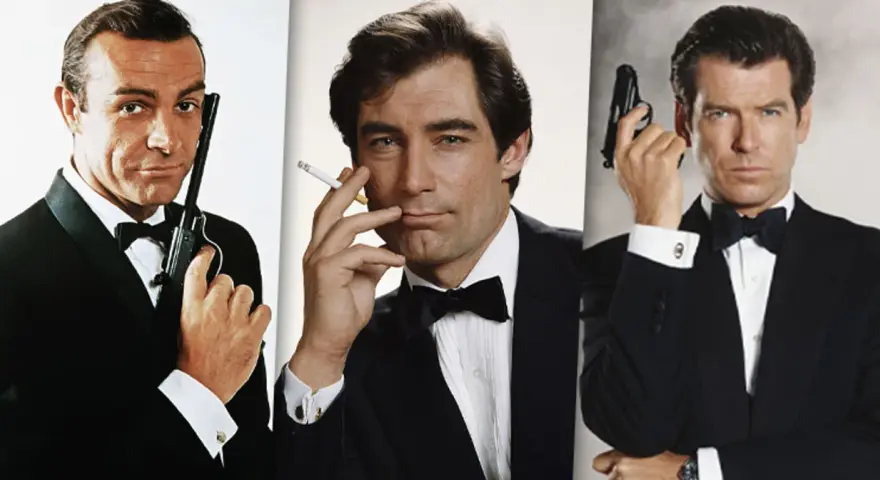 Sean Connery, Timothy Dalton i Pierce Brosnan – oto kto grał Jamesa Bonda po kolei, w eleganckich smokingach i z bronią w ręku.