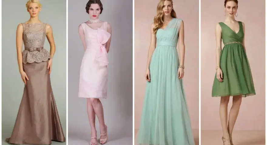 Modelli di abiti eleganti per un matrimonio di giorno: un lungo color tortora, un corto rosa con fiocco, un lungo menta e un corto verde.