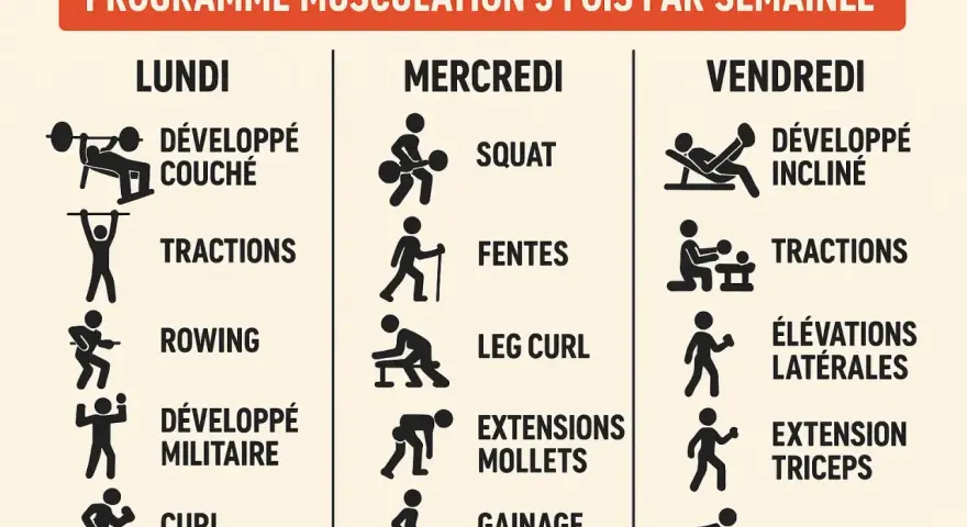 Programme de renforcement musculaire : combien de fois par semaine ? Lundi, mercredi, vendredi : développé couché, tractions, rowing, squat, fentes, leg curl, développé incliné, élévations latérales, extension triceps.