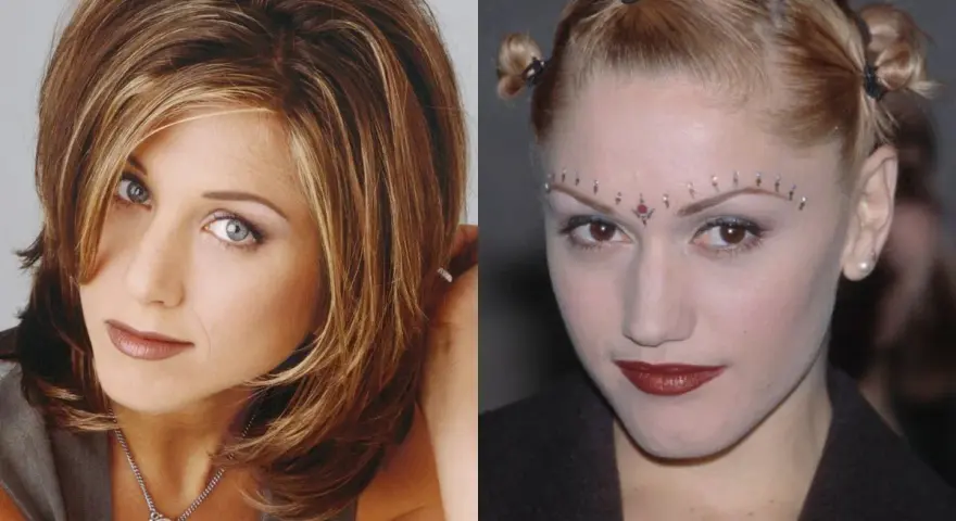 Ikony lat 90. z charakterystycznymi fryzurami: Jennifer Aniston z warstwową, brązową fryzurą i Gwen Stefani z kucykami i ozdobami na czole.