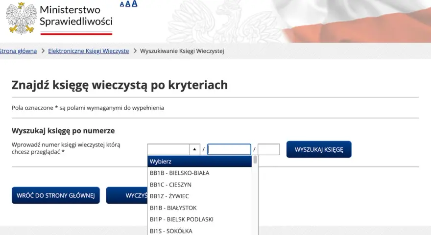Formularz wyszukiwania księgi wieczystej. Można tu wprowadzić numer księgi, aby znaleźć informacje o nieruchomości.