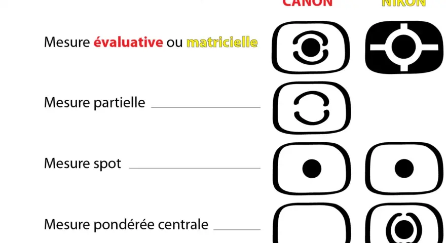 Icônes des modes de mesure d'exposition : mesure spot (point noir central) pour Canon et Nikon.