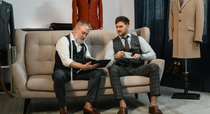 Dwóch mężczyzn w eleganckich kamizelkach i garniturach omawia stylizacje na święta bożego narodzenia. Jeden czyta książkę, drugi pije kawę.