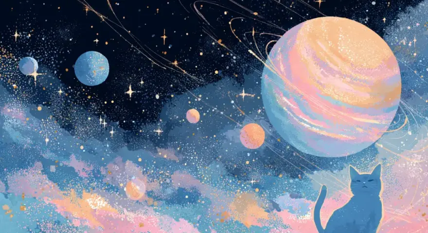 Niebieski kot obserwuje Jowisza w Pannie, otoczonego pierścieniami i innymi planetami w pastelowej mgławicy.