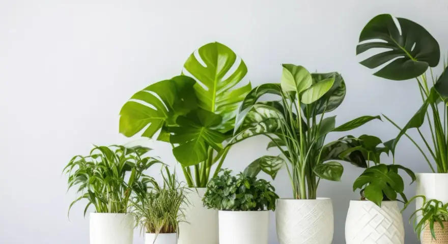 Zielone rośliny w białych doniczkach, idealne jako jakie kwiaty do łazienki. Monstera, paprocie i inne.