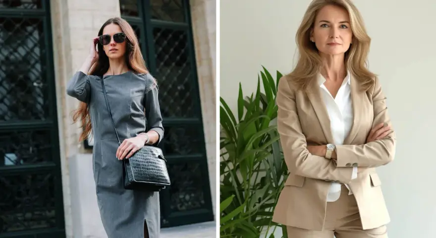 Dos mujeres con estilo business casual. Una lleva un vestido gris y bolso negro, la otra un traje beige y camisa blanca.