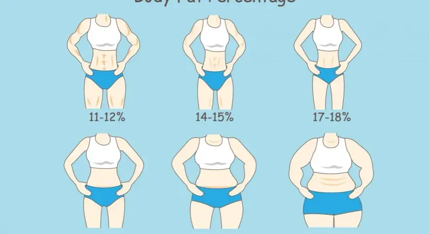 Ilustracja pokazuje różne poziomy procentu tkanki tłuszczowej u kobiet, od 11-12% (bardzo szczupła) do 34-35% (otyłość).