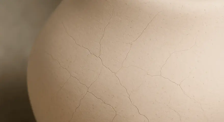 En närbild av en ljusbrun keramikvas med ett nät av fina sprickor som bildats i den mjuka leran.