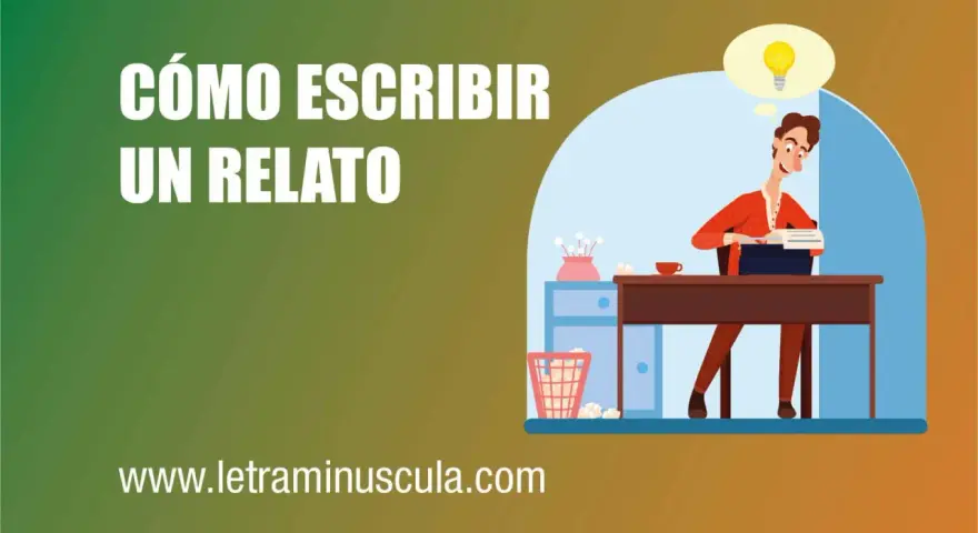 Hombre con idea de bombilla escribiendo en máquina de escribir, aprendiendo como escribir una historia.