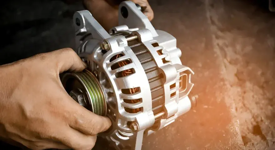 Hände halten eine Lichtmaschine. Sie ist ein wichtiges Bauteil, das Strom erzeugt, damit das Auto fährt.