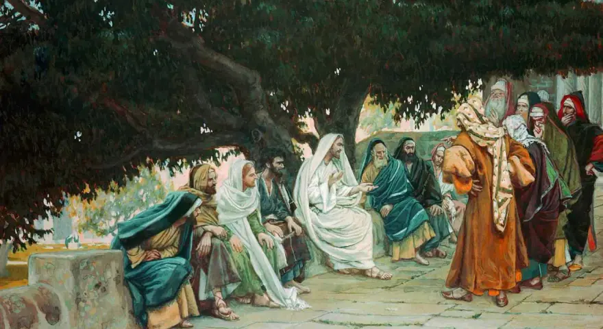 Jesus debates with the Sadducees in the Bible, who questioned his teachings under a large tree.