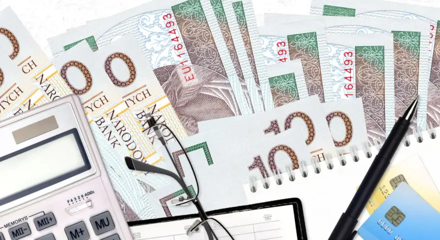 Zestaw do windykacji: banknoty, kalkulator, okulary i długopis. Bocian symbolizuje nadzieję na odzyskanie należności.