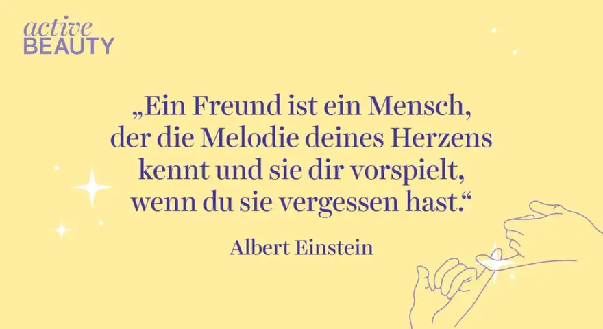 Ein Zitat von Albert Einstein über Freundschaft mit Illustration von zwei Fingern, die sich berühren.