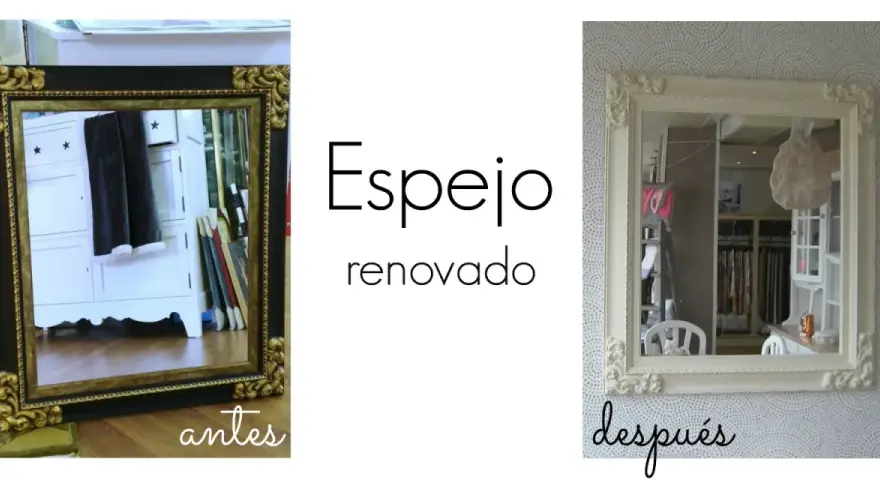 Espejos antiguos pintados a la tiza, antes y después. Un espejo con marco negro y dorado, y otro renovado en blanco.