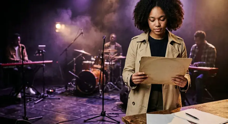 Jeune artiste auteur, concentrée sur ses partitions, sur scène avec son groupe. La cotisation artiste auteur est essentielle pour sa carrière.