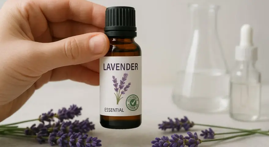 Mano sostiene botella de aceite esencial de lavanda, rodeada de flores. Descubre sus propiedades relajantes.