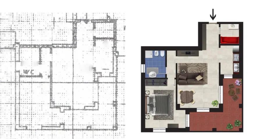 Pianta casa: schizzo grezzo a sinistra, progetto dettagliato a destra con soggiorno, camera, bagno, cucina e terrazzo.