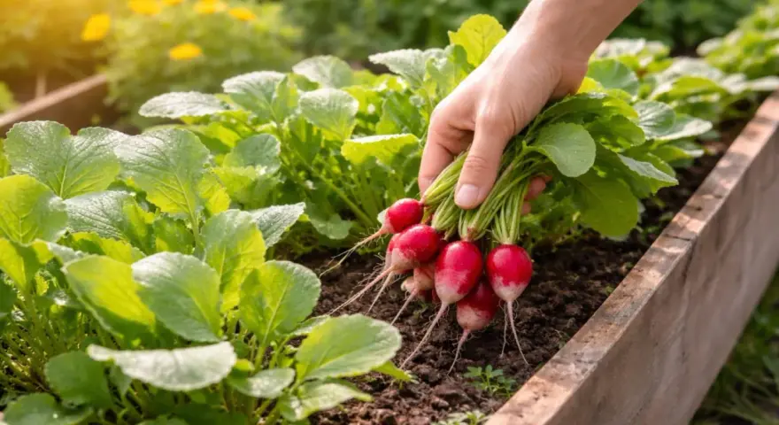 Frische Radieschen werden aus dem Beet geerntet. Die grünen Blätter und roten Knollen sind ein Zeichen für erfolgreiche Radieschen pflanzen.