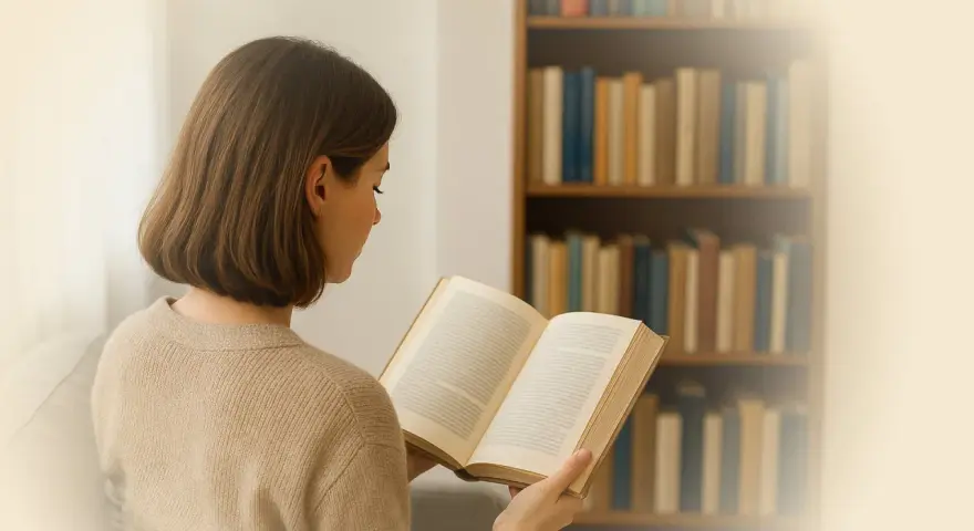 Junge Frau liest ein Buch vor einem Bücherregal.