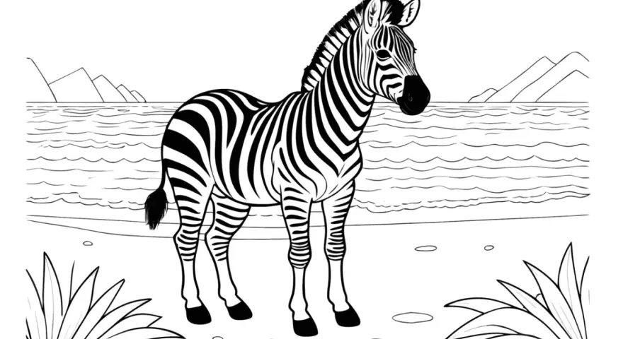 Ett vackert zebra måleri med en zebra vid en vattenkant, med berg i bakgrunden.