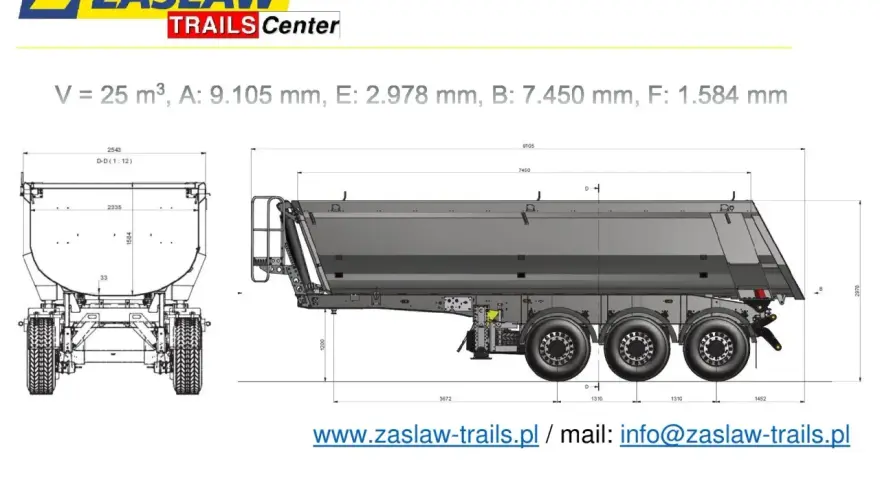 Rysunek techniczny naczepy ZASŁAW. Wymiary i objętość 25 m³ wskazują na dużą ładowność naczepy tira.