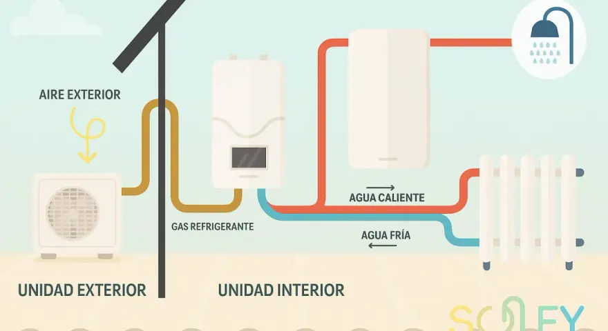 Diagrama de una bomba de calor para radiadores: unidad exterior capta aire, unidad interior calienta agua para radiador y ducha.