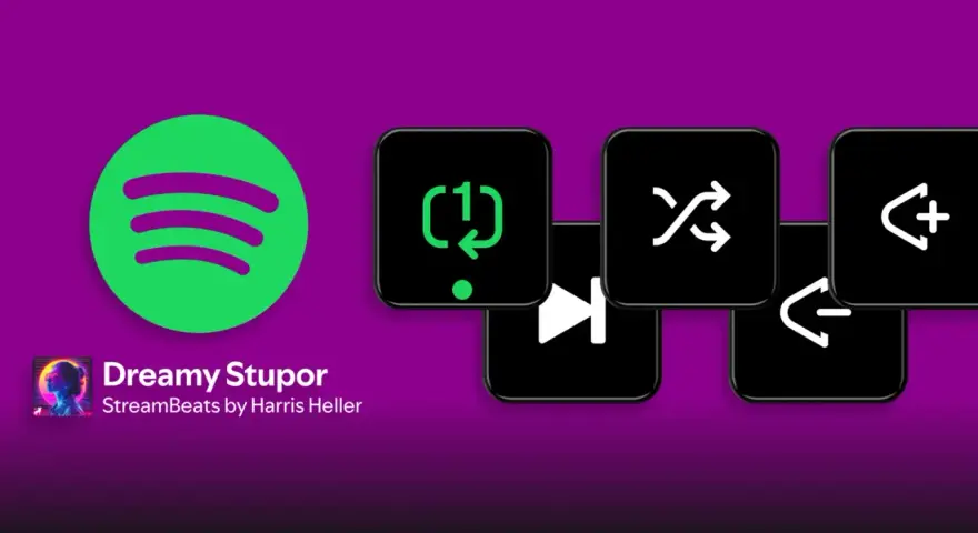 Stream Deck mit Spotify-Symbolen und Wiedergabesteuerung. Perfekt für Musik-Streamer.