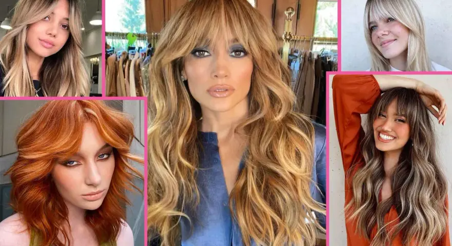Cinque donne con capelli lunghi e mossi, alcune con una frangia a tendina che incornicia il viso, sfoggiano look diversi.