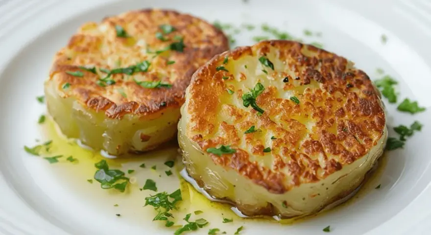 Dos rodajas de patatas al caliu doradas y tiernas, bañadas en aceite de oliva y espolvoreadas con perejil fresco.