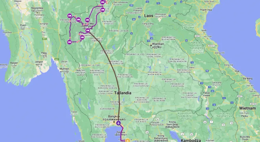 Trasa podróży przez Tajlandię, z zaznaczonymi punktami w Chiang Mai i okolicach, prowadzi przez malownicze prowincje.