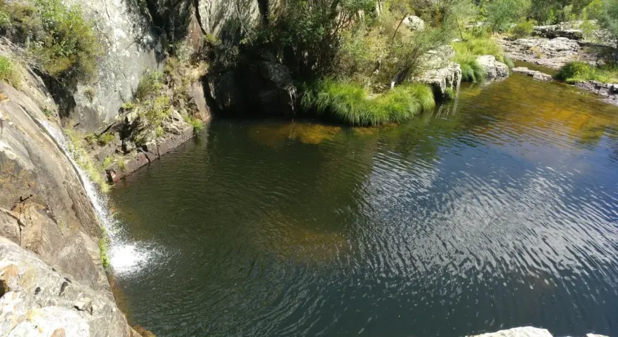 Las pozas negras de Cantalojas, un remanso de paz rodeado de vegetación y rocas, con una cascada cayendo en el agua oscura.