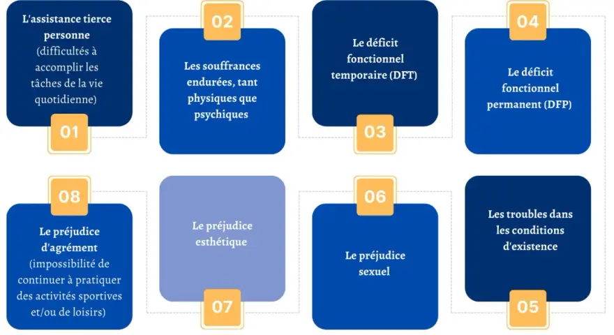 Schéma illustrant les différents préjudices liés à une maladie professionnelle dans la fonction publique : assistance tierce personne, souffrances physiques/psychiques, déficits fonctionnels, préjudices d'agrément, esthétique, sexuel, et troubles dans ...