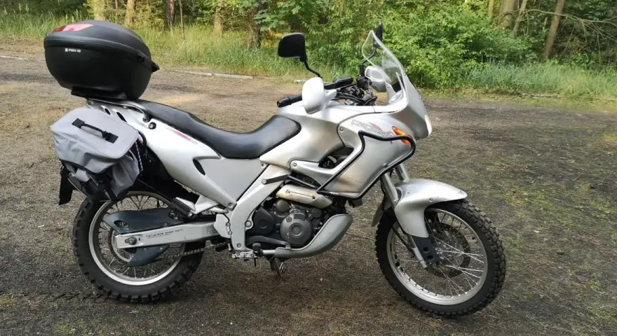 Srebrny motocykl Aprilia Pegaso 650 z kufrem i sakwami, gotowy na przygodę w lesie.