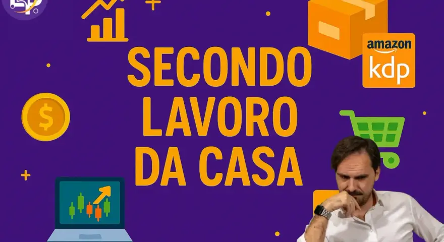 Uomo pensieroso, grafici, pacco Amazon KDP e carrello: idee per trovare un secondo lavoro da casa e aumentare i guadagni.