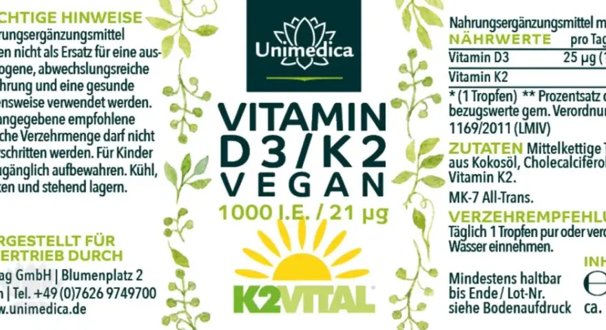 Flasche mit veganem Vitamin D3/K2, Sonnen- und Blattmotiv, Nährwertangaben.