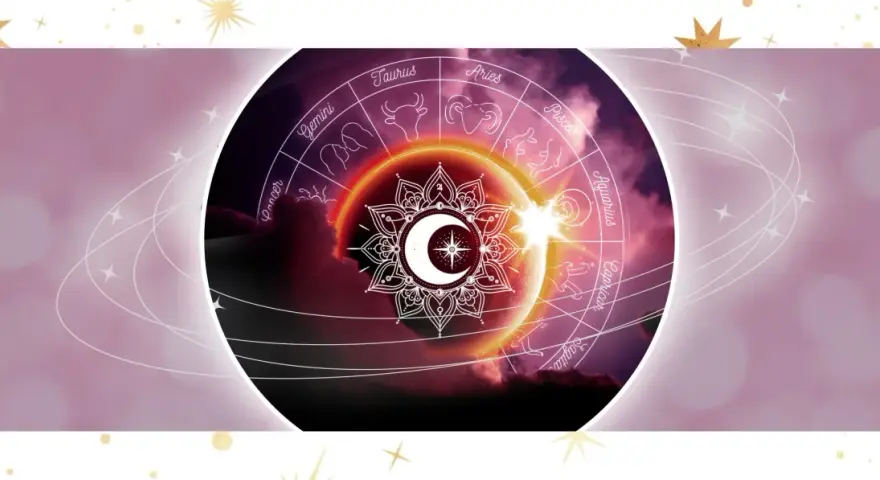 Zodiakalny krąg z symbolem księżyca i gwiazd, otoczony zorzą. Wiosenna równonoc zapowiada nowy cykl.