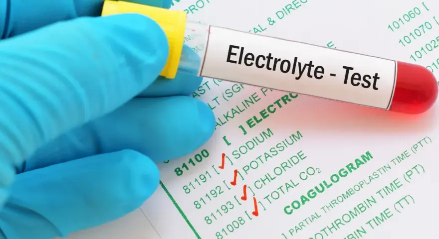 Ręka w niebieskiej rękawiczce trzyma probówkę z oznaczeniem "Electrolyte - Test" nad formularzem z badaniami, w tym jonogramem.