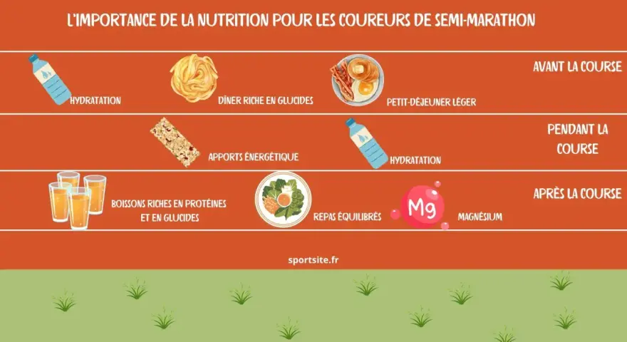 Conseils nutritionnels pour le semi-marathon : hydratation, dîner glucidique, petit-déjeuner léger, apports énergétiques, boissons protéinées et repas équilibrés.
