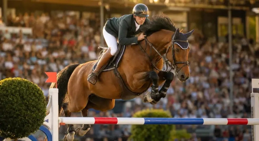 Cavalier et cheval brun en plein saut d'obstacles lors d'un parcours cso devant une foule en délire.