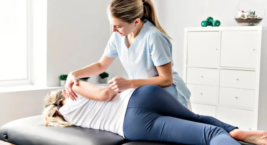 Physiotherapeutin behandelt Patientin am Rücken. Hier wird gezeigt, was bei Physiotherapie gemacht wird: gezielte manuelle Therapie zur Linderung von Schmerzen und Verbesserung der Beweglichkeit.