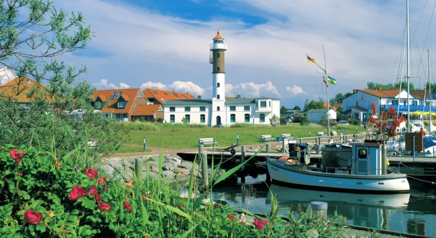 Idyllischer Hafen mit Leuchtturm auf Insel Poel, ein echter Geheimtipp. Boote liegen im Wasser, rote Rosen blühen.
