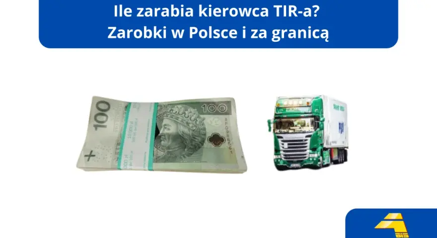 Stos banknotów 100 zł i zielona ciężarówka TIR.